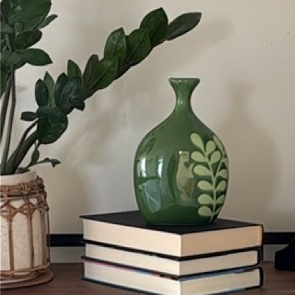 Crate&Barrel Green Ceramic Vase with Leaf Design